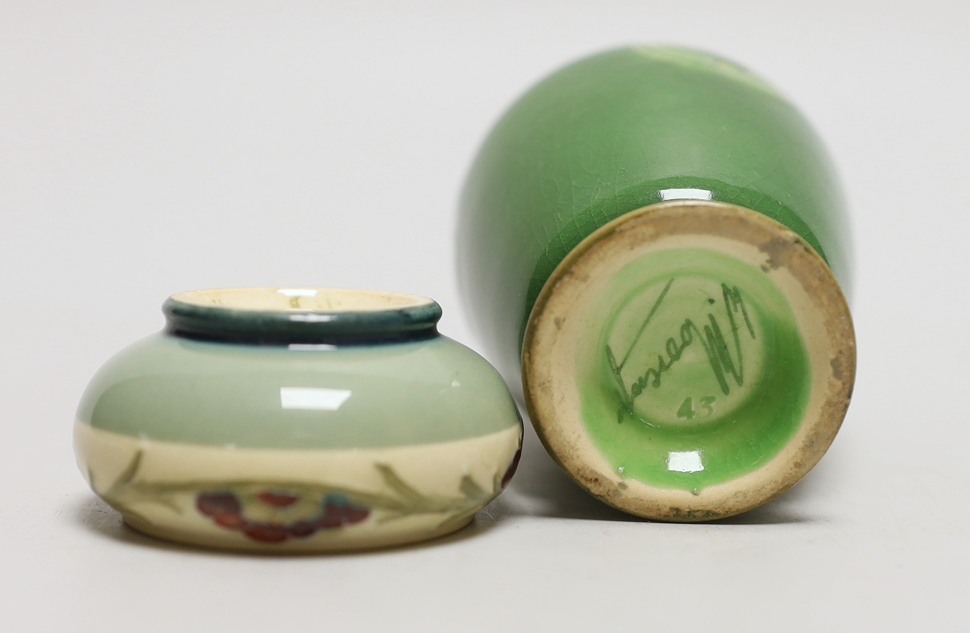 A Moorcroft for Liberty & Co. Flamminian ware green-glazed vase and a Mcintyre salt, tallest 13cm